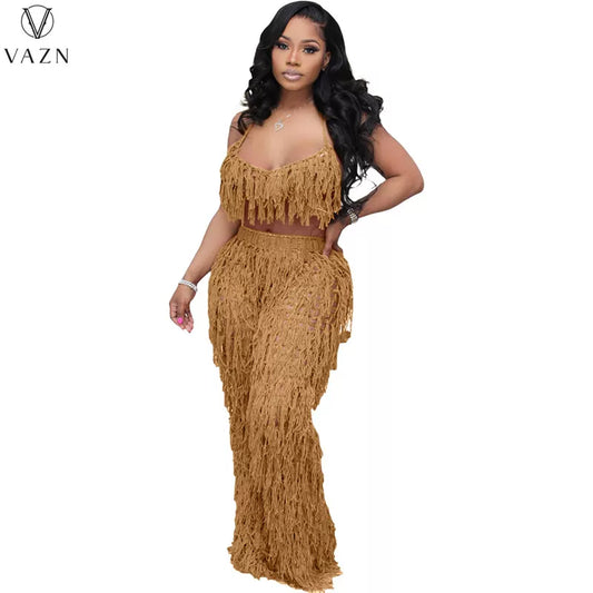 VAZN 2022 New Sexy Holiday Style Women Suit Sleeveless Short Top Elastic Long Pants Top+long Pants Tassel Women Set