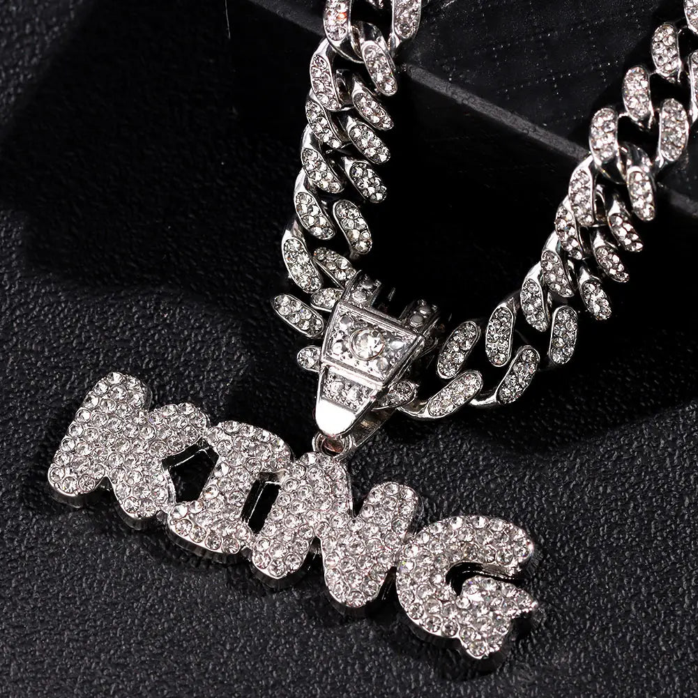 Men Women Hip Hop Bling KING QUEEN Letter Pendant Necklace 13mm Miami Cuban Link Chain Necklaces Iced Out Charm Fashion Jewelry