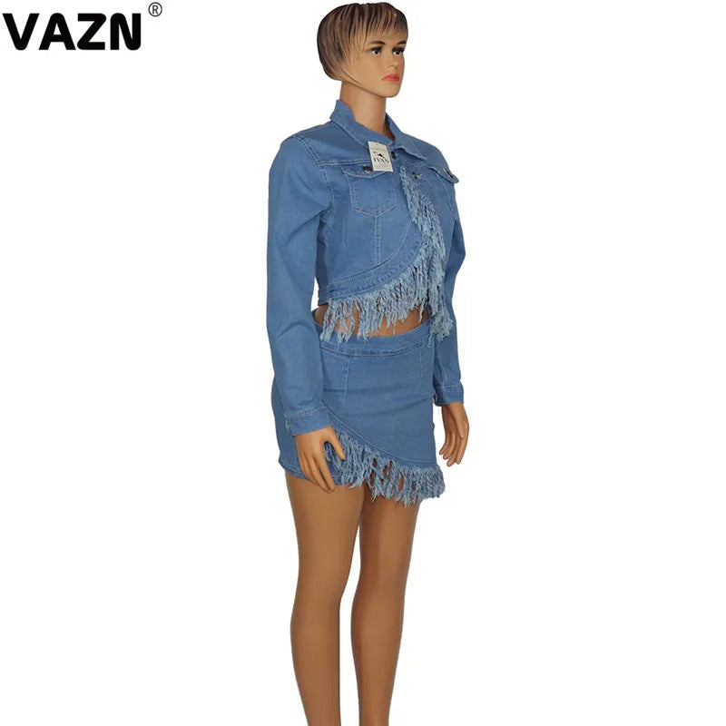 VAZN 2020 Blue Tassel Women Casual Shinny Solid Outfit Two Pieces Set Full Sleeve O-neck Short Skirt Elegant Sets