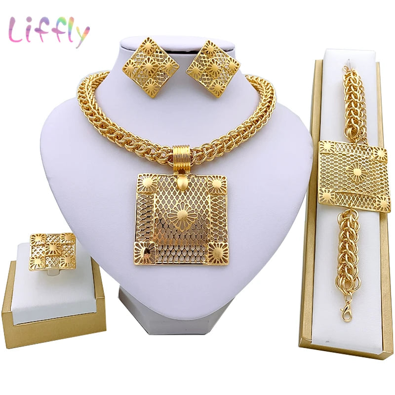 Liffly Gold African Jewelry Sets for Women Necklace Nigerian Bridal Wedding Costume Luxurious Jewelry Bracelets Earrings Rings