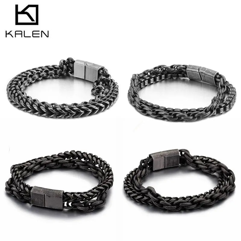 KALEN Matte 316 Stainless Steel Double Layer Link Chain Bracelets Men's Hip Hop Biker Hand Chain Bracelet Drop Shipping Jewelry