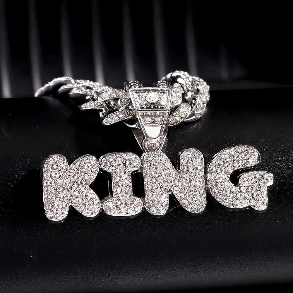 Men Women Hip Hop Bling KING QUEEN Letter Pendant Necklace 13mm Miami Cuban Link Chain Necklaces Iced Out Charm Fashion Jewelry