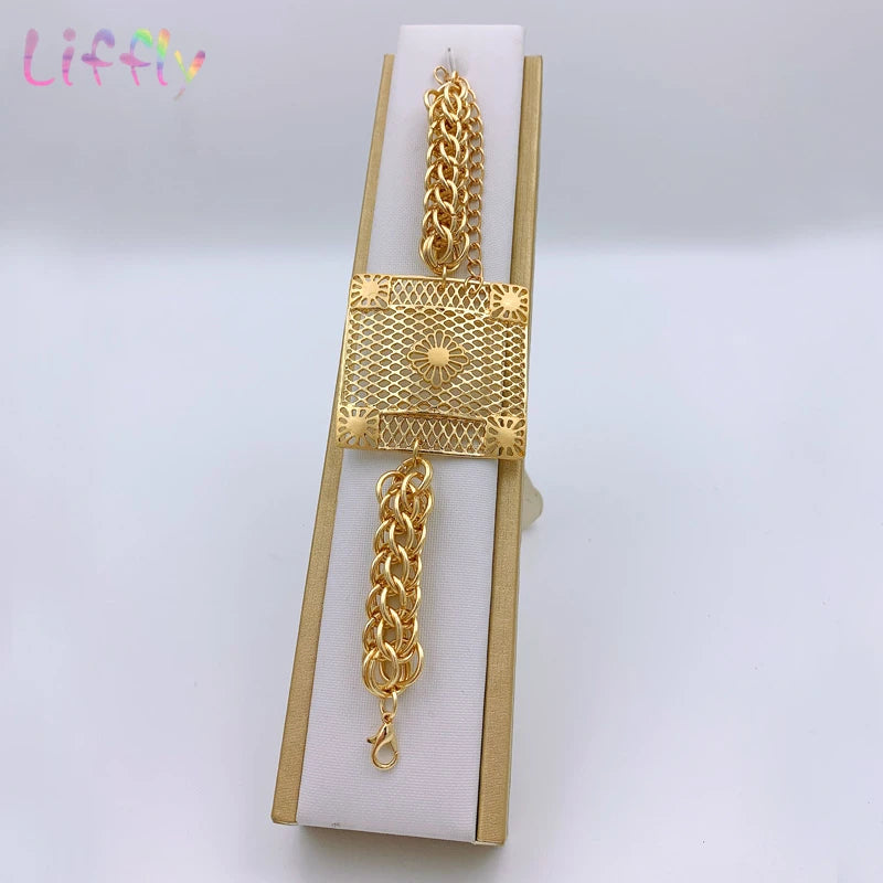 Liffly Gold African Jewelry Sets for Women Necklace Nigerian Bridal Wedding Costume Luxurious Jewelry Bracelets Earrings Rings