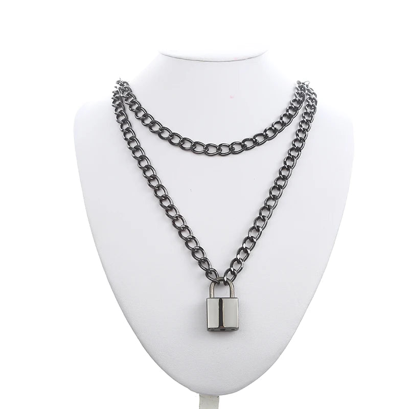 Black chain necklace square lock necklace women men metal padlock chains hip hop goth jewelry fashion accessories  gifts