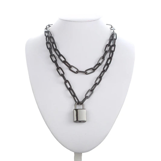 Black chain necklace square lock necklace women men metal padlock chains hip hop goth jewelry fashion accessories  gifts