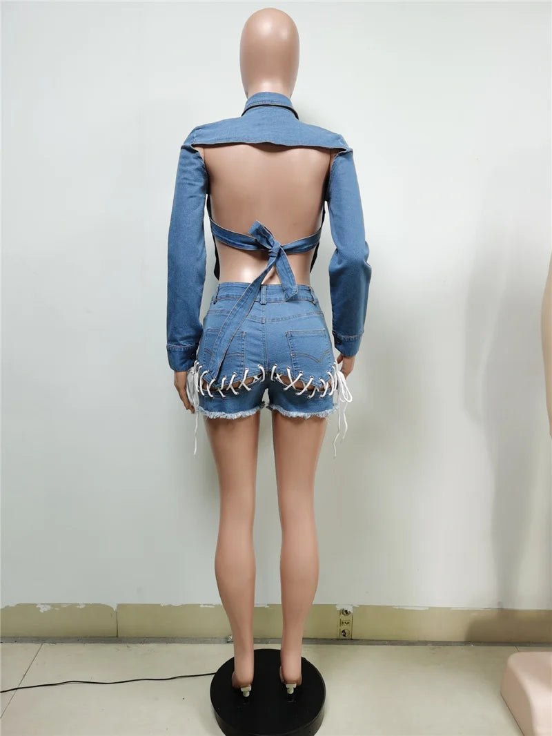 Sexy Denim Two Piece Short Set for Women Irregular Backless Jacket Top and Lace-up Shorts Sets Club Wear Party Jeans Outfits