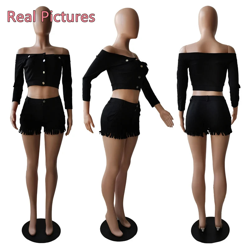 Two Piece Set Women Off Shoulder Buttons Crop Top Shorts 2 Piece Set Outfits Tracksuit Plus Size Casual Streetwear S-3XL 4XL