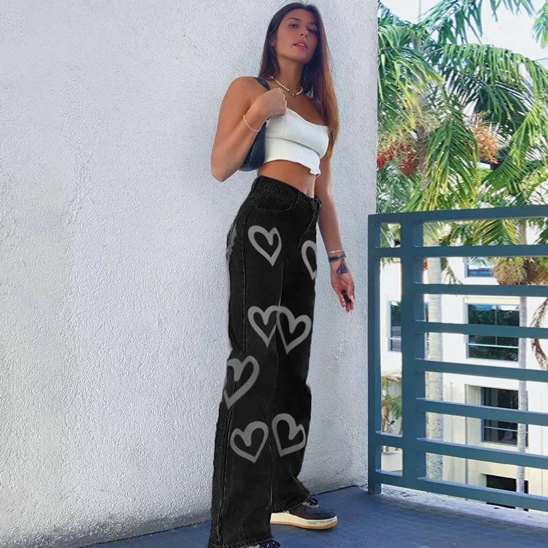 2024 Y2K Printed Heart Jeans Slim Casual Vintage High Waist Trousers Women Fashion Girls Denim Pants Vaqueros Mujer Streetwear