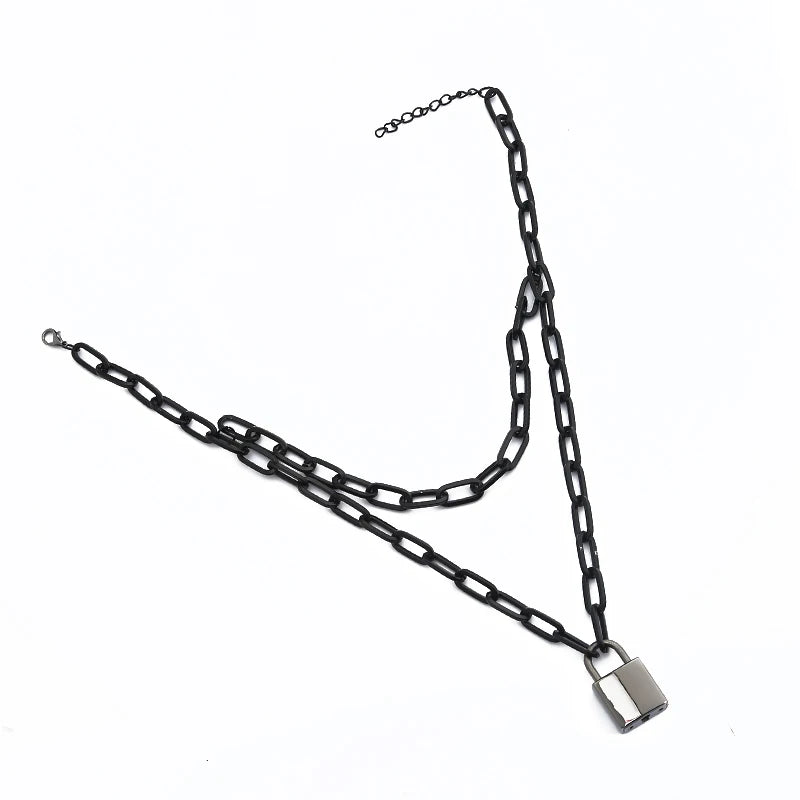 Black chain necklace square lock necklace women men metal padlock chains hip hop goth jewelry fashion accessories  gifts