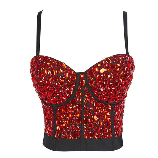 Red Crystal Clothes Party Tops for Women Push Up Bustier Crochet Tank Outfits Bead Aesthetic Fitted Crop Top Club Bra Plus Size