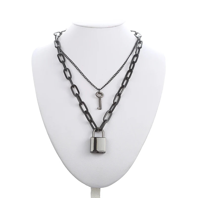 Black chain necklace square lock necklace women men metal padlock chains hip hop goth jewelry fashion accessories  gifts