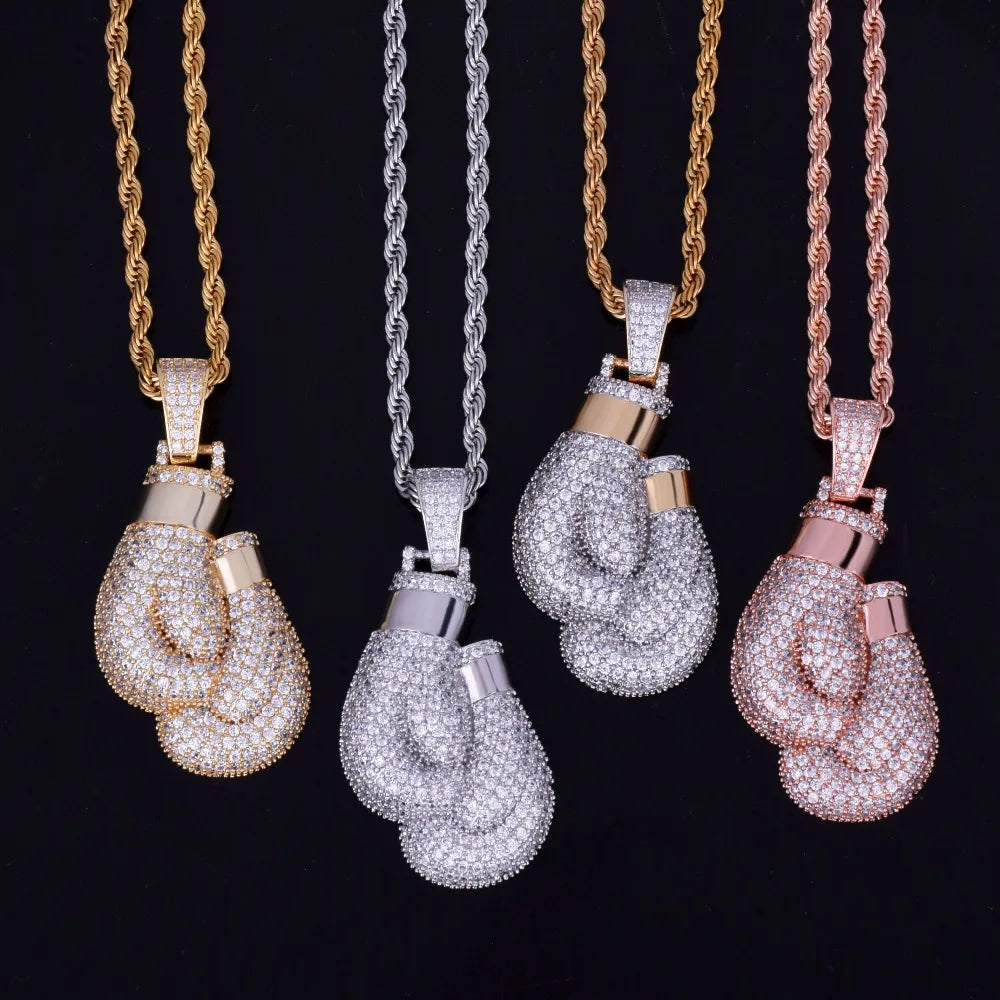 Bubble Letter Boxing Gloves Pendant Necklace & Pendant Gold Color Iced Cubic Zircon Men's Hip Hop Jewelry