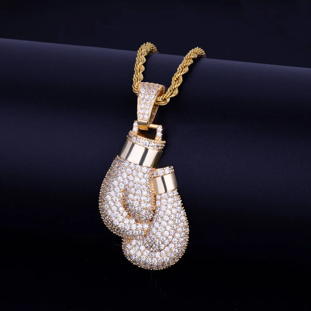 Bubble Letter Boxing Gloves Pendant Necklace & Pendant Gold Color Iced Cubic Zircon Men's Hip Hop Jewelry