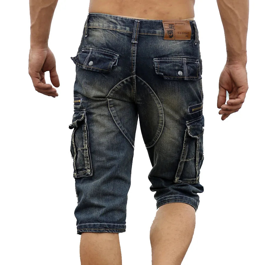 Idopy Summer Male Retro Cargo Denim Shorts Vintage Acid Washed Faded Multi-Pockets Military Style Biker  Jeans For Men