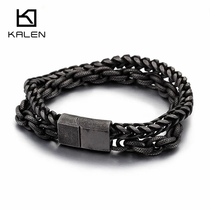 KALEN Matte 316 Stainless Steel Double Layer Link Chain Bracelets Men's Hip Hop Biker Hand Chain Bracelet Drop Shipping Jewelry