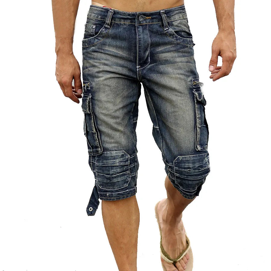 Idopy Summer Male Retro Cargo Denim Shorts Vintage Acid Washed Faded Multi-Pockets Military Style Biker  Jeans For Men