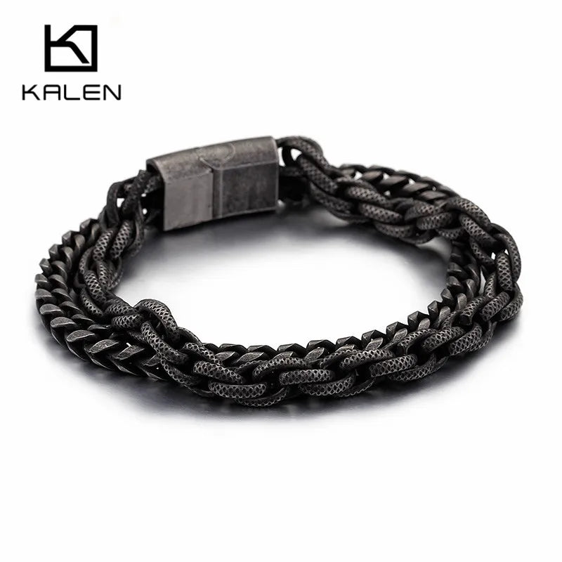 KALEN Matte 316 Stainless Steel Double Layer Link Chain Bracelets Men's Hip Hop Biker Hand Chain Bracelet Drop Shipping Jewelry