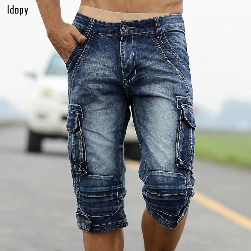 Idopy Summer Male Retro Cargo Denim Shorts Vintage Acid Washed Faded Multi-Pockets Military Style Biker  Jeans For Men