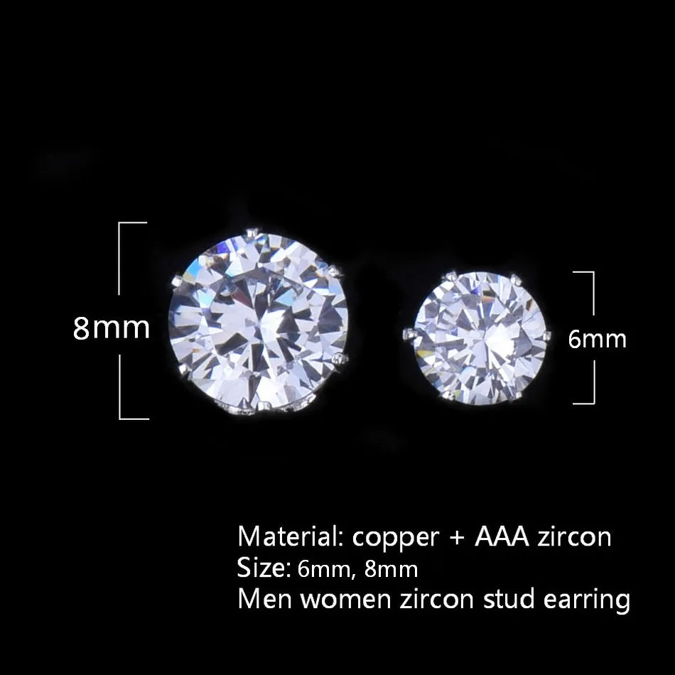 6mm/8mm AAA Zircon CZ Round Stud Earrings Hip hop Jewelry Men Copper Material Iced Bling Push-back