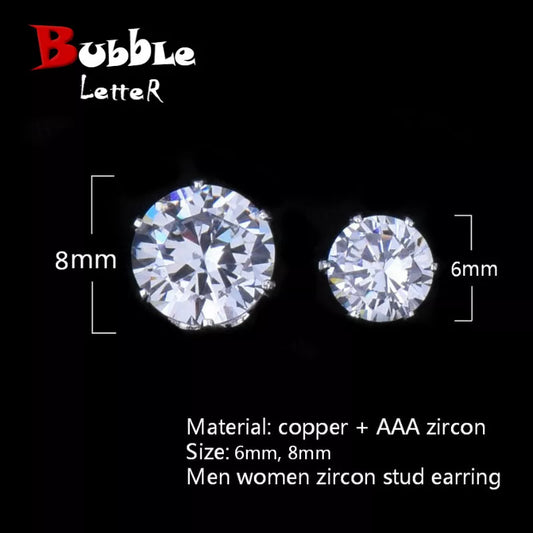 6mm/8mm AAA Zircon CZ Round Stud Earrings Hip hop Jewelry Men Copper Material Iced Bling Push-back