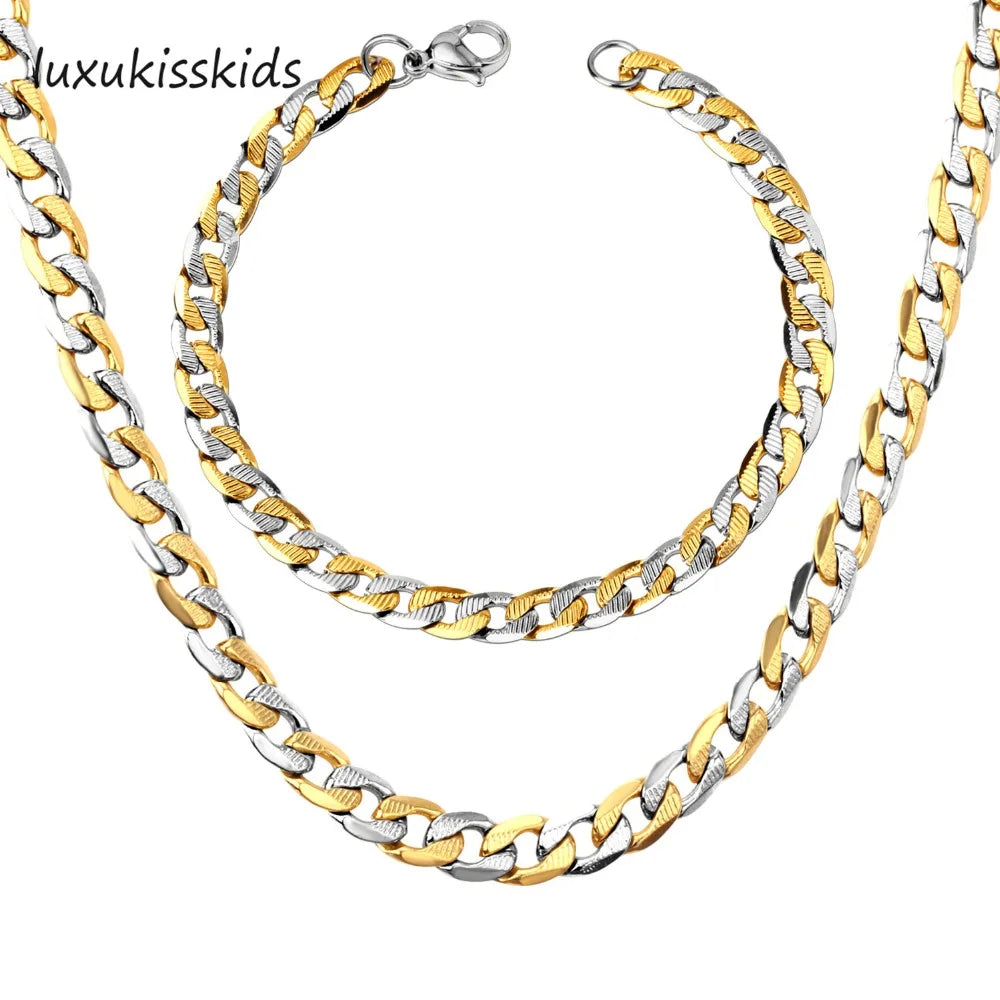 LUXUKISSKIDS New Trendy Bracelet Necklace Men Jewelry Set Gold Color Chain Necklace Bracelet African Dubai Jewelry Sets