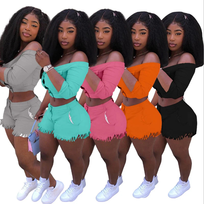 Two Piece Set Women Off Shoulder Buttons Crop Top Shorts 2 Piece Set Outfits Tracksuit Plus Size Casual Streetwear S-3XL 4XL