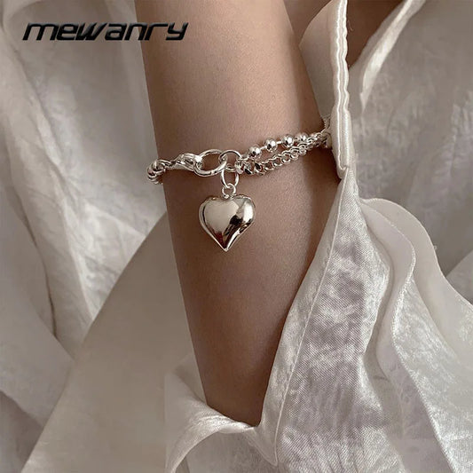 MEWANRY Silver Color Bracelet for Women Girl Accessories Trendy Elegant Simple LOVE Heart Tassel Chain Party Jewelry Gift