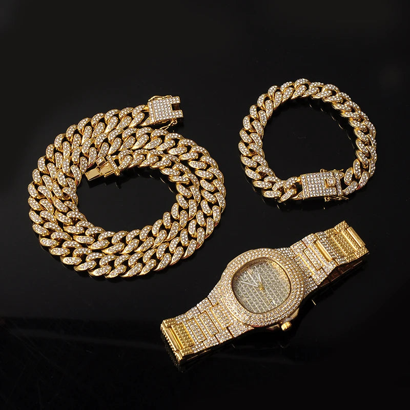 Necklace +Watch+Bracelet Hip Hop Miami Curb Cuban Chain Silver Color Full Iced Out Paved Rhinestones CZ Bling For Men Jewelry