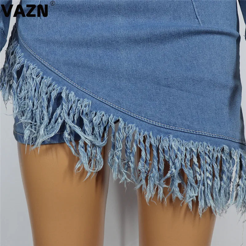 VAZN 2020 Blue Tassel Women Casual Shinny Solid Outfit Two Pieces Set Full Sleeve O-neck Short Skirt Elegant Sets