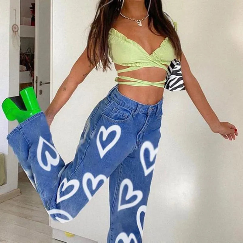 2024 Y2K Printed Heart Jeans Slim Casual Vintage High Waist Trousers Women Fashion Girls Denim Pants Vaqueros Mujer Streetwear