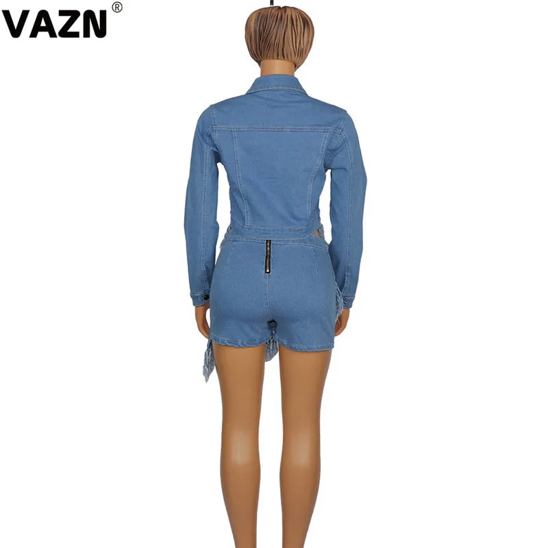 VAZN 2020 Blue Tassel Women Casual Shinny Solid Outfit Two Pieces Set Full Sleeve O-neck Short Skirt Elegant Sets