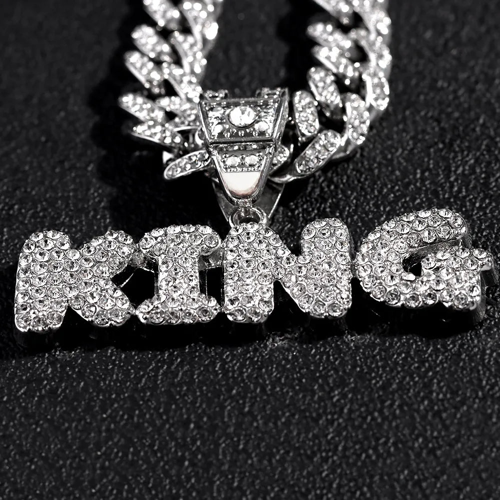 Men Women Hip Hop Bling KING QUEEN Letter Pendant Necklace 13mm Miami Cuban Link Chain Necklaces Iced Out Charm Fashion Jewelry