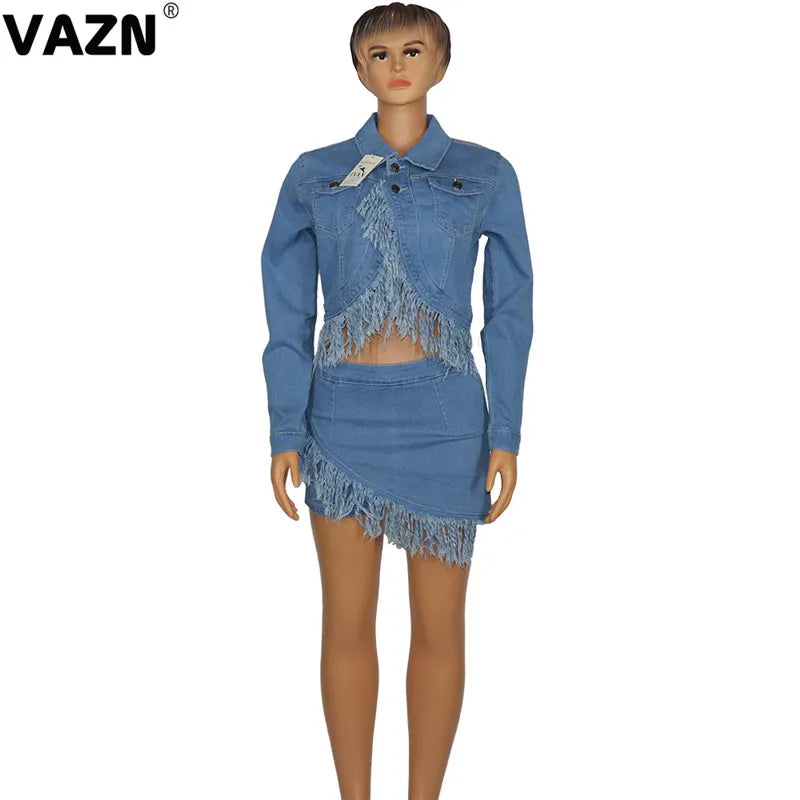 VAZN 2020 Blue Tassel Women Casual Shinny Solid Outfit Two Pieces Set Full Sleeve O-neck Short Skirt Elegant Sets