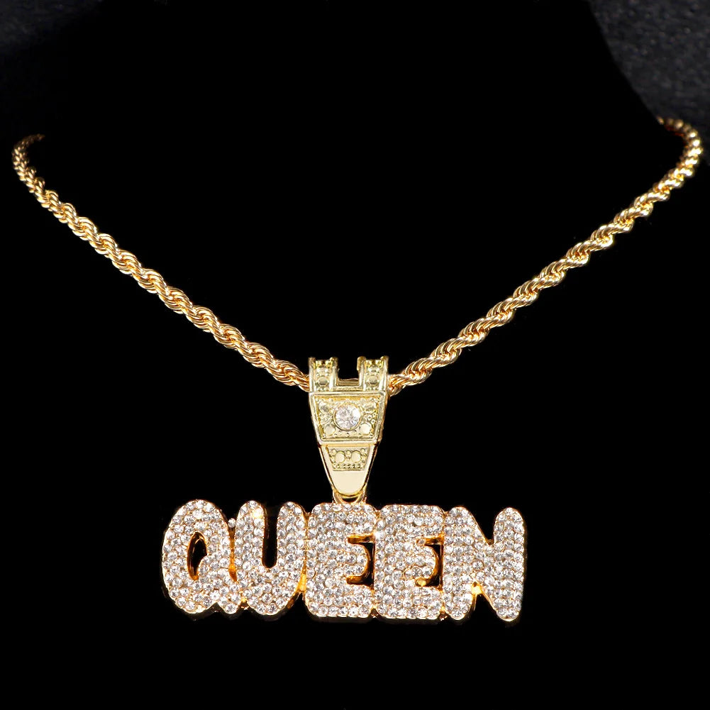 Men Women Hip Hop Bling KING QUEEN Letter Pendant Necklace 13mm Miami Cuban Link Chain Necklaces Iced Out Charm Fashion Jewelry