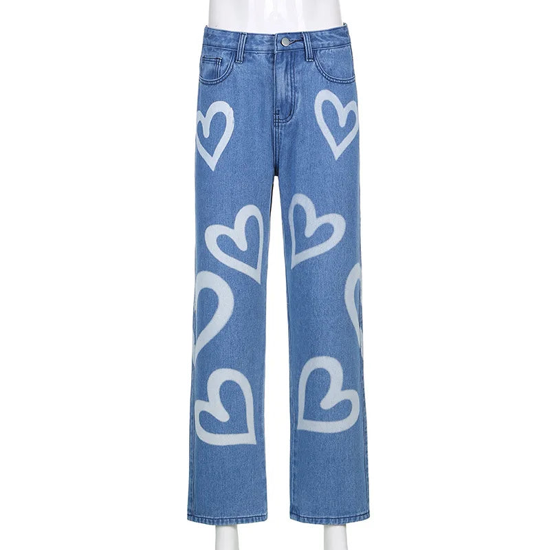 2024 Y2K Printed Heart Jeans Slim Casual Vintage High Waist Trousers Women Fashion Girls Denim Pants Vaqueros Mujer Streetwear