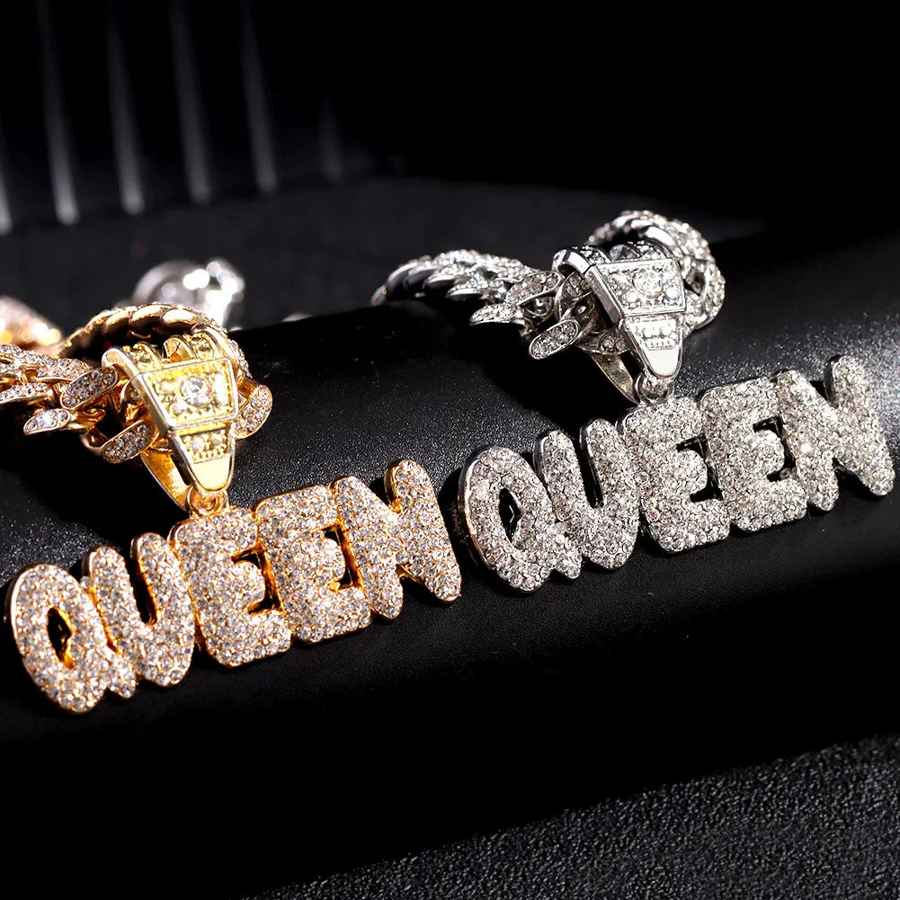 Men Women Hip Hop Bling KING QUEEN Letter Pendant Necklace 13mm Miami Cuban Link Chain Necklaces Iced Out Charm Fashion Jewelry