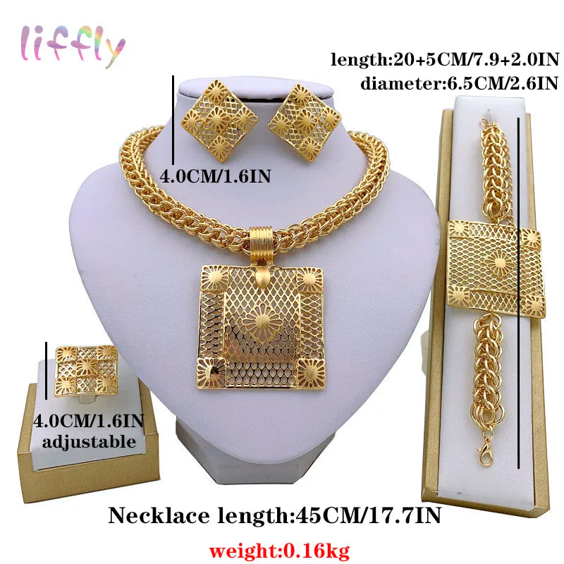 Liffly Gold African Jewelry Sets for Women Necklace Nigerian Bridal Wedding Costume Luxurious Jewelry Bracelets Earrings Rings