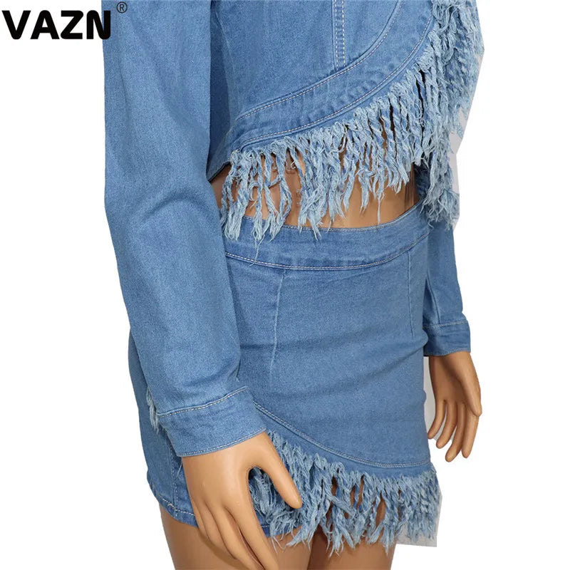 VAZN 2020 Blue Tassel Women Casual Shinny Solid Outfit Two Pieces Set Full Sleeve O-neck Short Skirt Elegant Sets