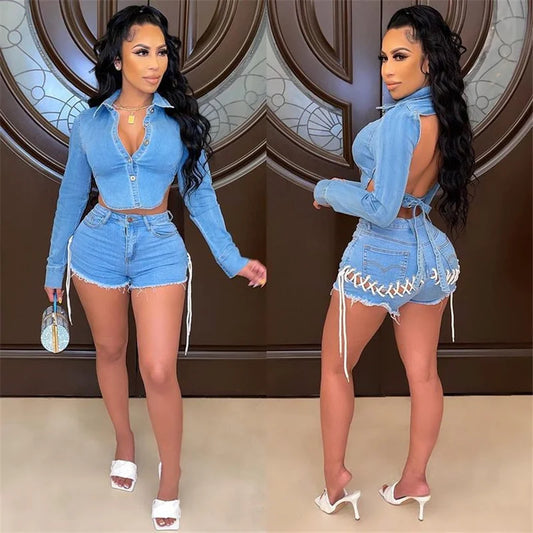 Sexy Denim Two Piece Short Set for Women Irregular Backless Jacket Top and Lace-up Shorts Sets Club Wear Party Jeans Outfits