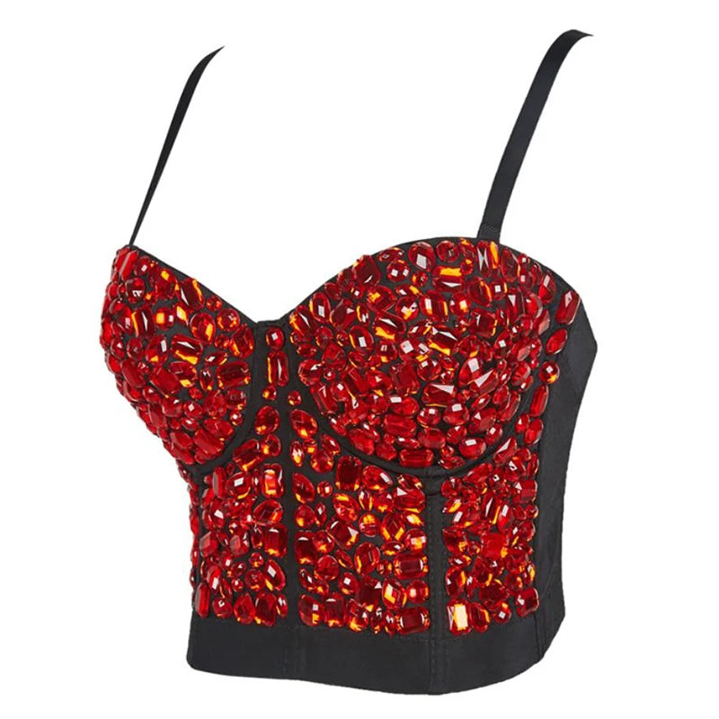 Red Crystal Clothes Party Tops for Women Push Up Bustier Crochet Tank Outfits Bead Aesthetic Fitted Crop Top Club Bra Plus Size