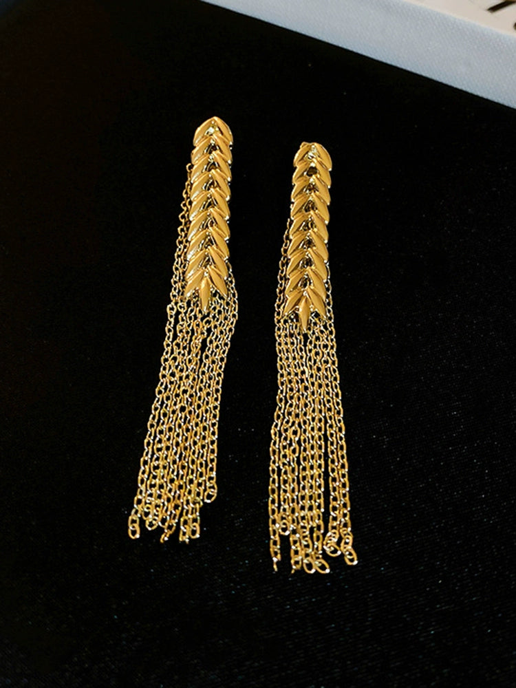 Silver Needle Fancy Wheat Tassel Earrings for Women Fashion Metallic Temperamental Long Eardrops Fashionable Golden Ear Rings