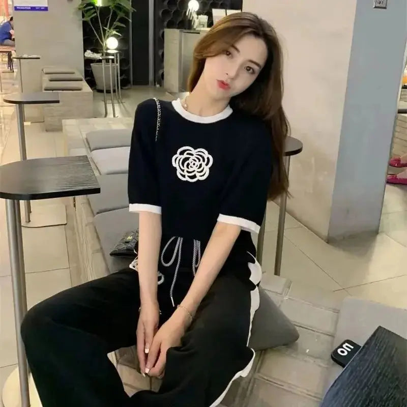 Women's Sweat Suit Summer New Fashion Street Bombing Style Short Sleeve Corp Tops And Wide Leg Pants Two Piece Set For Women