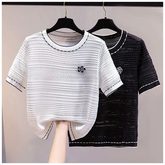 Ice Silk Knitted T Shirt Women Summer Flower Embroidery Diamond Luxury Designer Clothes Korean Fashion Casual Tshirt Short Tops