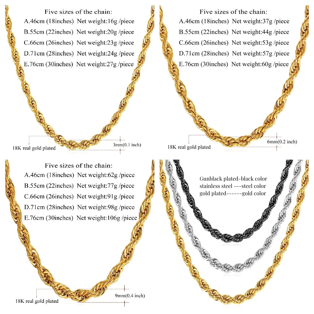 U7 Thick Stainless Steel Twisted Rope Chain Necklace For Men Gold Color Hippie Rock Chain Choker 18 -30" Classic Hip Hop Jewelry