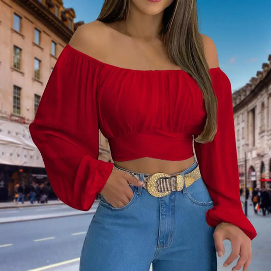 Women Crop Top Off Shoulder Blouse Elegant Off Shoulder Crop Top with Lace-up Detail for Women Solid Color Long Sleeve Blouse