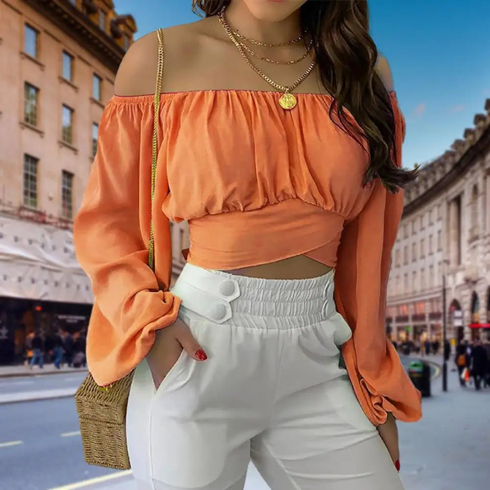 Women Crop Top Off Shoulder Blouse Elegant Off Shoulder Crop Top with Lace-up Detail for Women Solid Color Long Sleeve Blouse