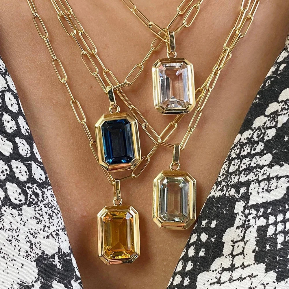 Retro Hip-hop Multicolour Geometric Square Crystal Pendant Necklace Cuba Chain for Women Girls Vintage Wedding Jewelry Wholesale