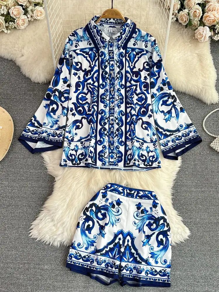 Summer Holidays Blue And White Porcelain Two Piece Suit Women Flare Sleeve Loose Shirt Top + Flower Printed Pocket Shorts Sets