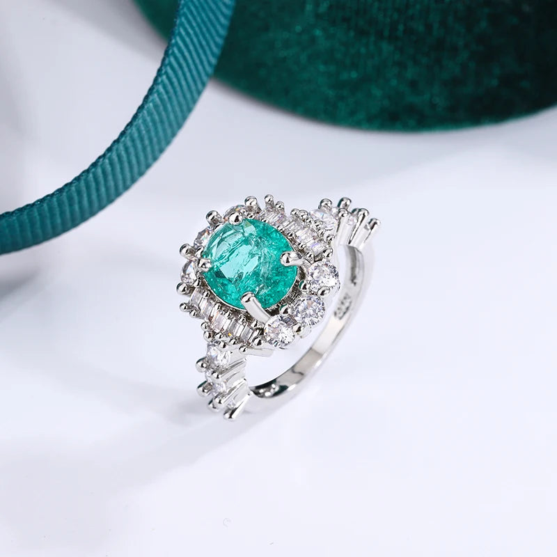 Exquisite Paraiba Green High Carbon Diamond 925 Sterling Silver Ring for Women Double Crystal Anniversary Gift Party Jewelry