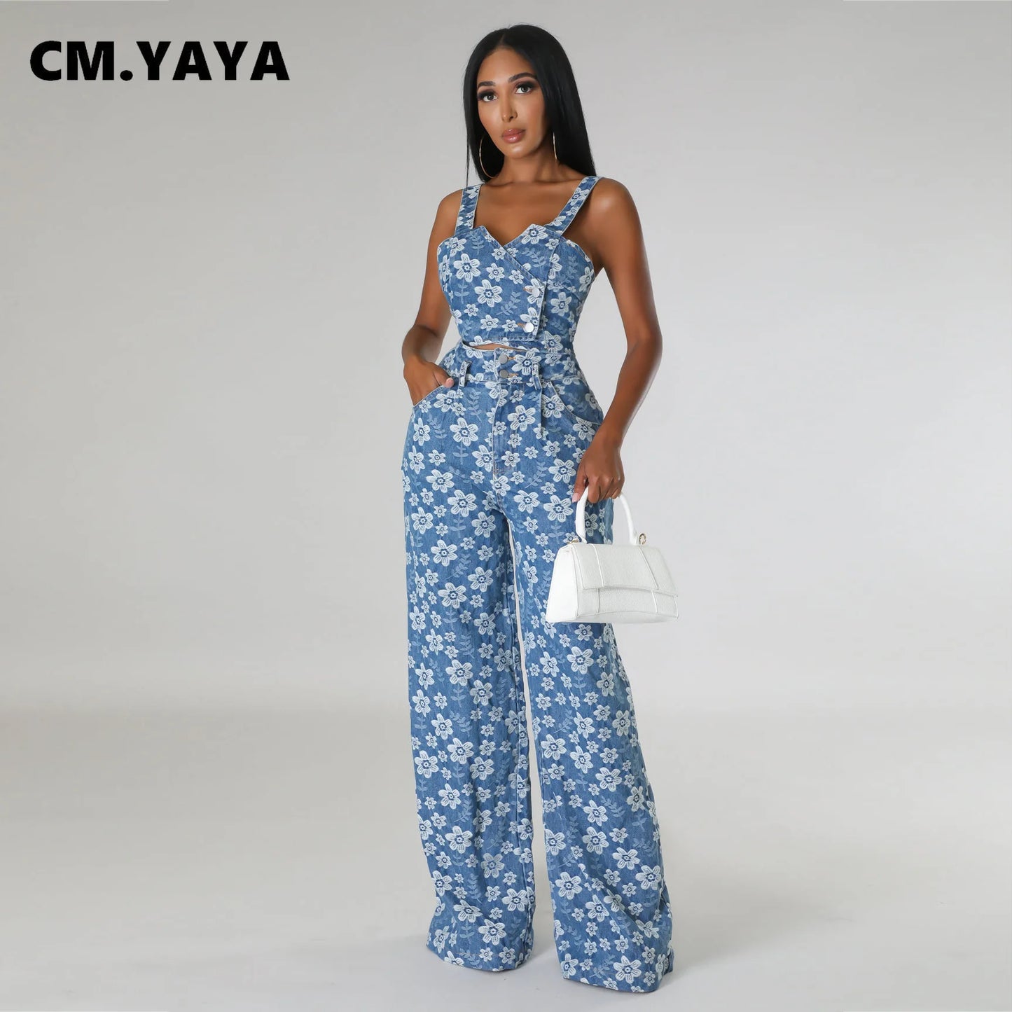 CM.YAYA Jean Jacquard Floral Women's Set Strap Wrap Crop Top and Straight Wide Leg Pants 2023 Two 2 Piece Sets Outfit Tracksuit